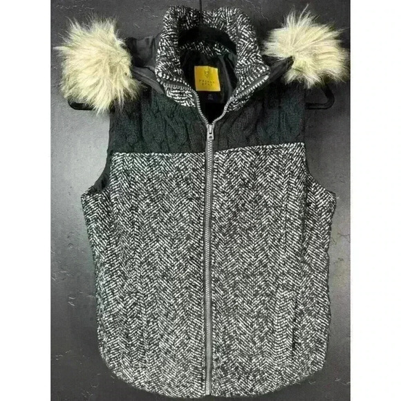 Prince & Fox Vest Cable Knit Tweed Zipper Front Hooded Faux Fur Winter SP - Picture 1 of 6